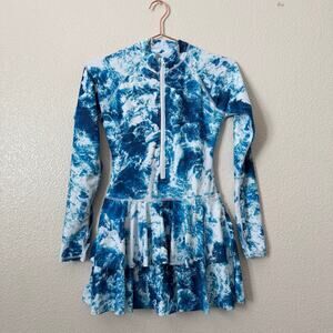 Uniquebella Half Zip Mock Neck Blue White Ocean Water Rashguard Swimsuit Dress